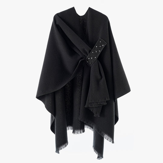 Damen Eleganter Wickel-Umhang aus Wollmischung mit Taillenschärpe und Fransensaum Shop Nory