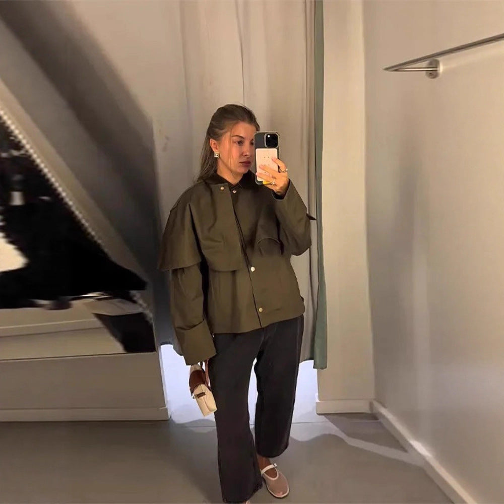Damen Kurztrenchjacke mit Cape-Overlay und Oversize-Ärmeln Shop Nory