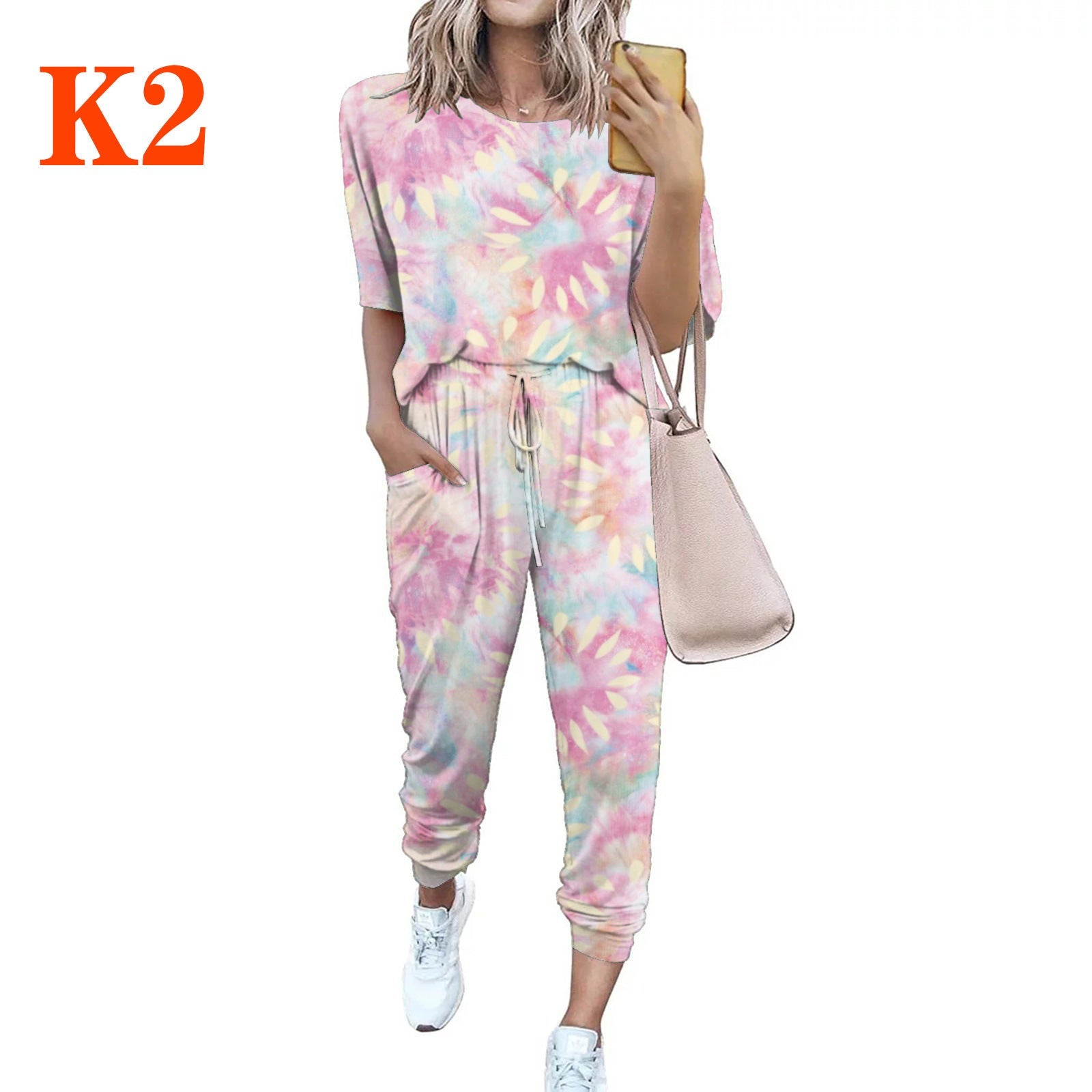 Damen lässiger Jumpsuit mit modischem Batikdesign und praktischen Taschen Shopnory