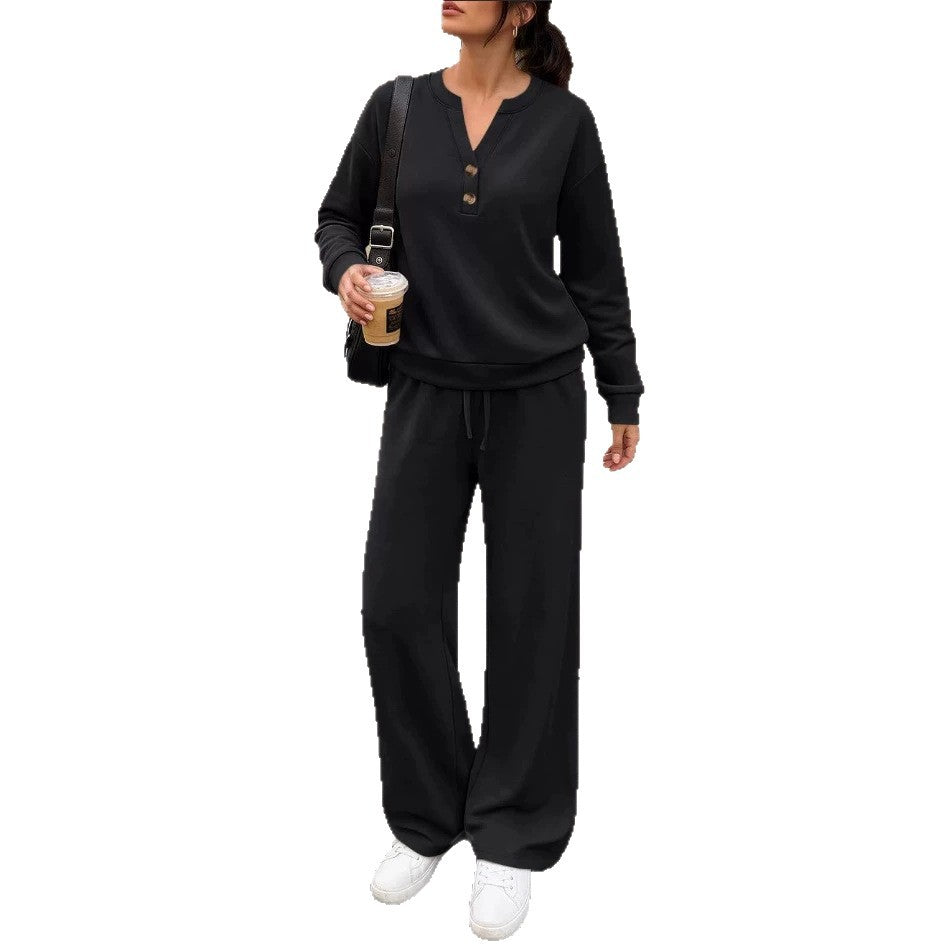 Damen Lounge-Set mit Henley-Kragen und palazzoweiter Jogginghose Shop Nory