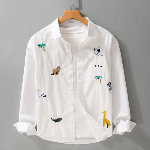 Damen Lockeres Baumwollhemd mit handgestickten Safari-Motiven Shop Nory
