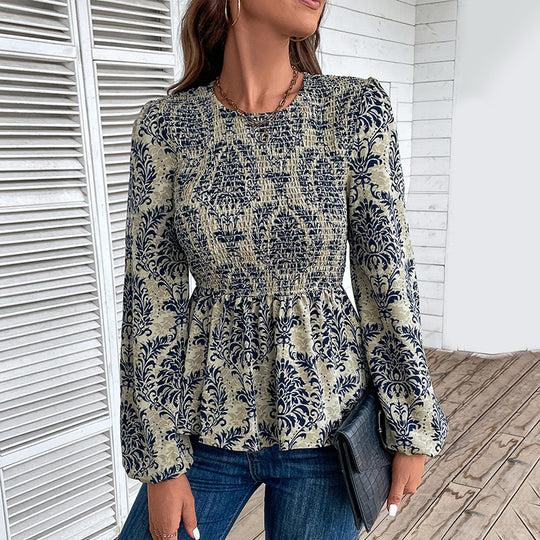 Damen Gerafftes Smock-Blusenshirt mit Peplum und voluminösen Puffärmeln Shop Nory