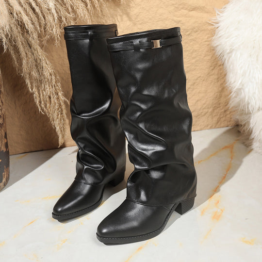 Damen Schaftstiefel aus softem Kunstleder mit lässigem Slouch‑Schaft und niedrigem Blockabsatz Shop Nory