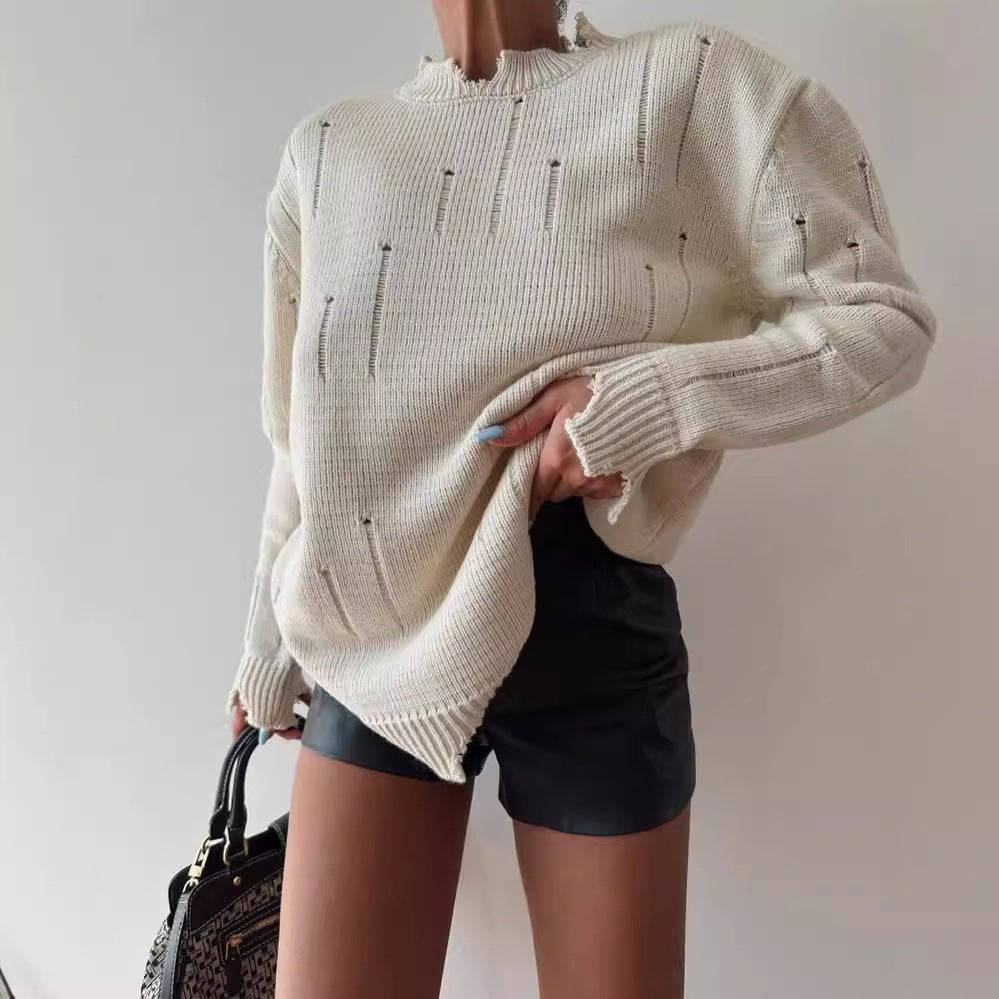 Damen Oversized Grobstrickpullover mit Distressed-Details und geripptem Saum Shop Nory