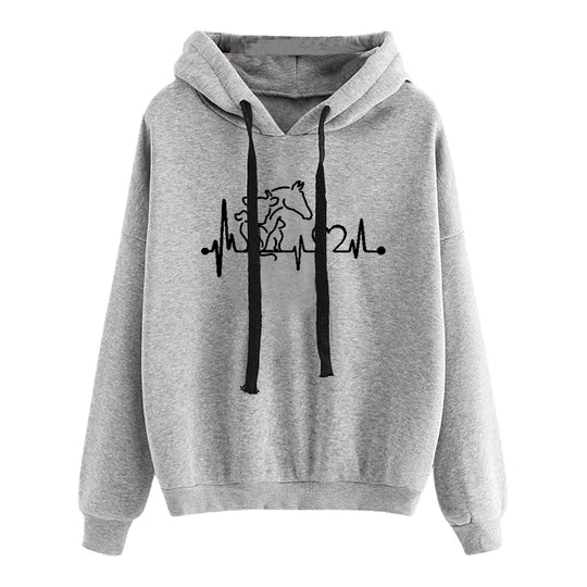 Damen nan leichter Oversize Kapuzenpullover mit Herz‑EKG‑Motiv, langen Kordeln und elastischem Bund Shop Nory