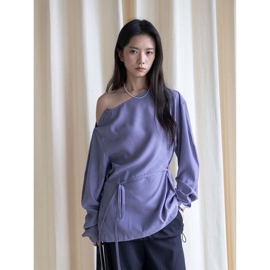 Damen Asymmetrische One-Shoulder Wickelbluse aus Satin Shop Nory