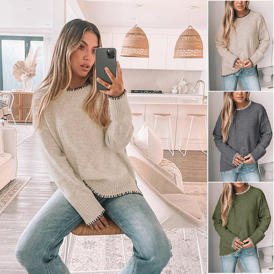 Damen Oversize Strickpullover mit Zierstichnaht, Rippbündchen und Rundhalsausschnitt Shop Nory