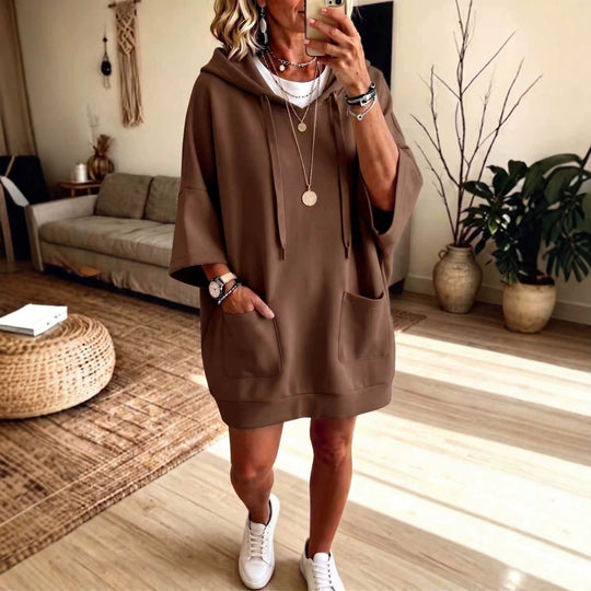Damen Oversize Hoodie-Kleid mit Kängurutaschen und halblangen Ärmeln Shop Nory