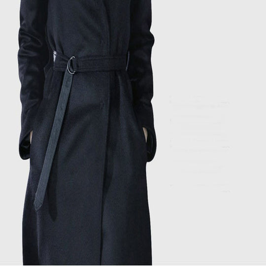 Damen Maxilanger taillierter Wickel-Longcoat mit Schalkragen und feinem Bindegürtel Shop Nory