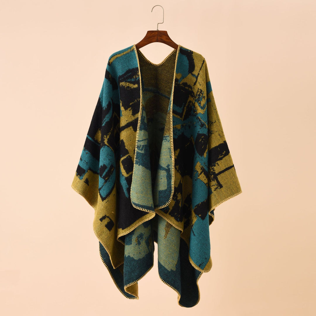 Damen Oversize-Umhangruana aus Wollmix mit abstraktem Jacquard und Zierstichkante Shop Nory