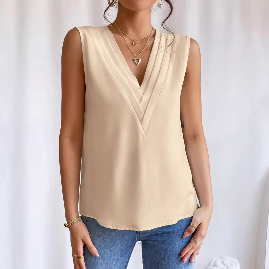 Damen Ärmellose Bluse mit plissiertem V-Ausschnitt und leichtem Satinfall Shop Nory