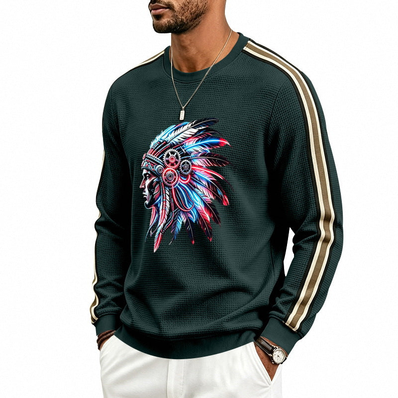 Herren Sweatshirt mit stilisiertem Kopfschmuck-Print und Kontraststreifen an den Ärmeln Shop Nory