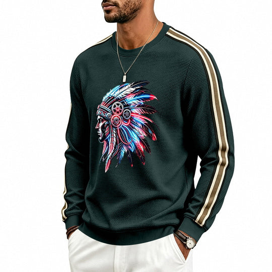Herren Sweatshirt mit stilisiertem Kopfschmuck-Print und Kontraststreifen an den Ärmeln Shop Nory