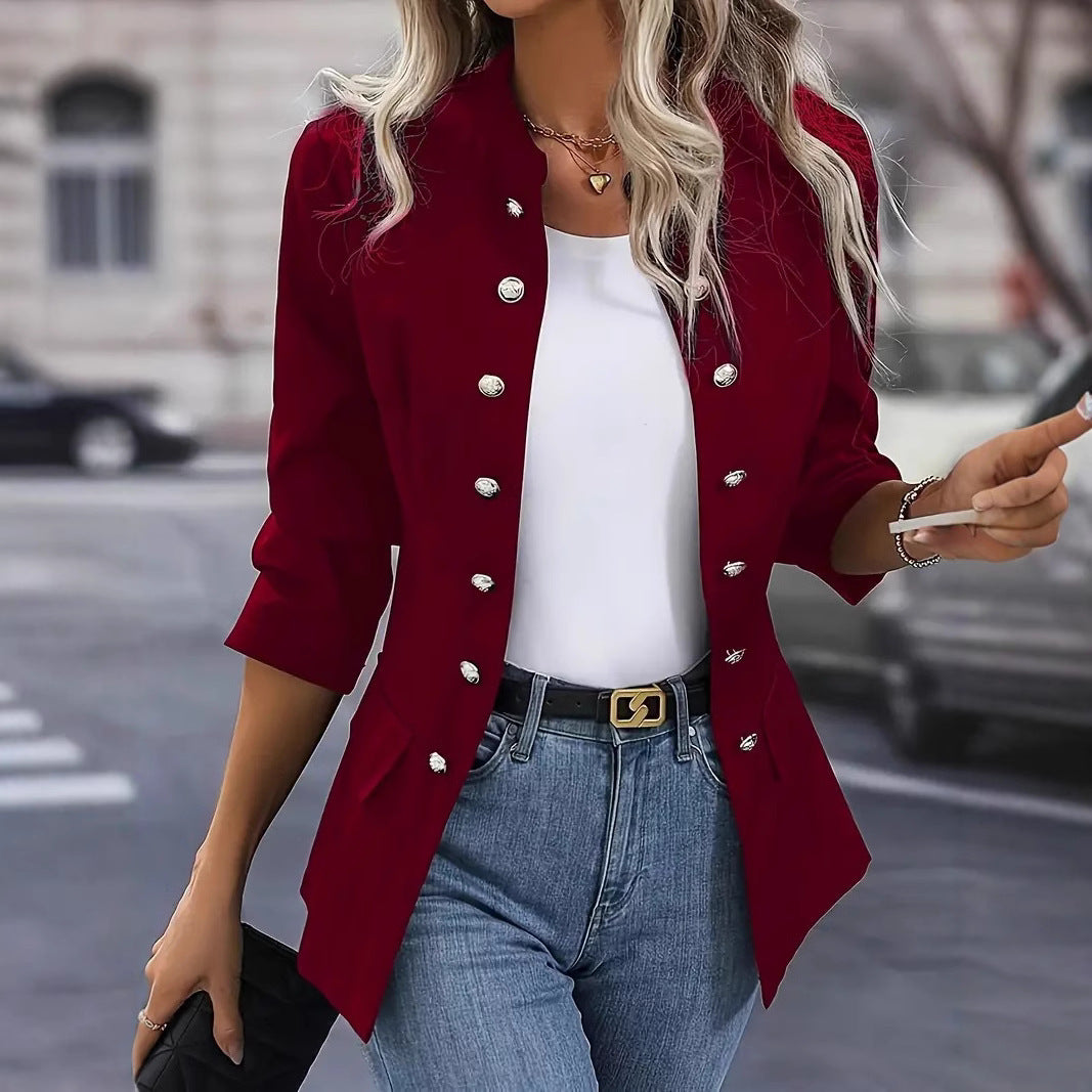 Damen nan taillierter Longblazer mit Stehkragen, dekorativer Metallknopfleiste und 3/4-Ärmeln Shop Nory