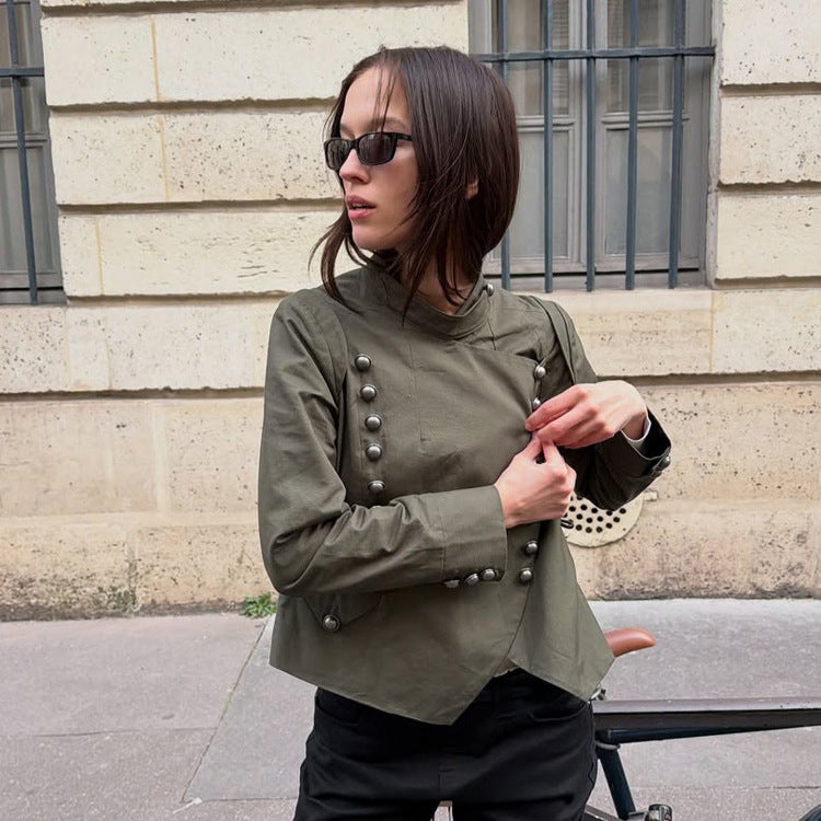 Damen Militärinspirierte Kurzjacke mit Stehkragen und Zierknopfleiste Shop Nory