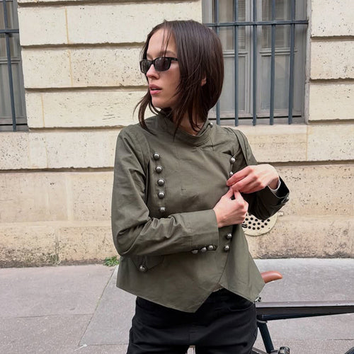 Damen Militärinspirierte Kurzjacke mit Stehkragen und Zierknopfleiste Shop Nory