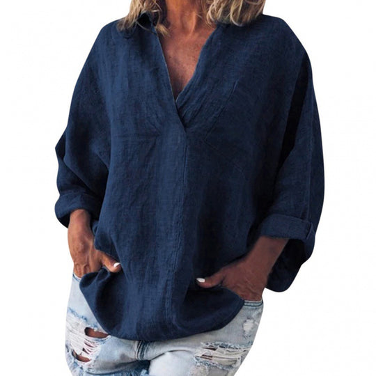 Damen weite Leinen-Tunika mit V-Ausschnitt und rollbaren Ärmeln Shop Nory