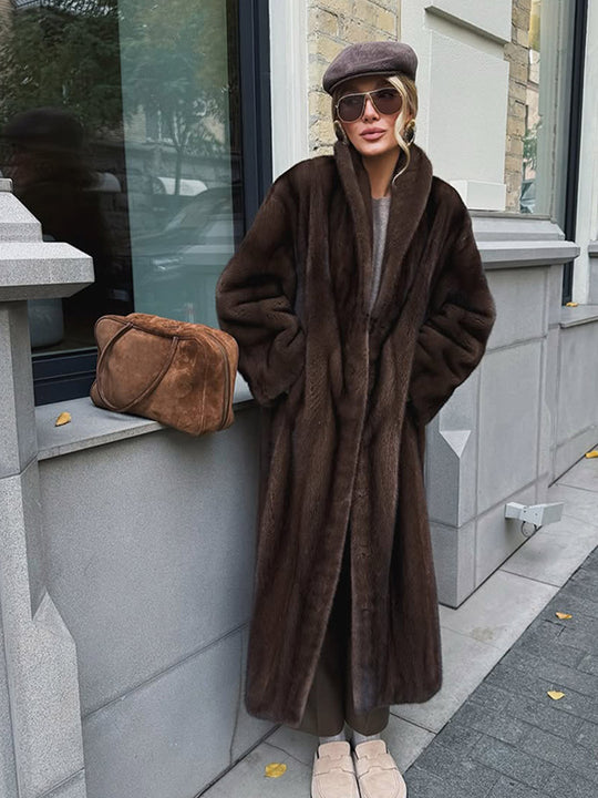 Damen Langer Kunstfellmantel mit Stehkragen und Oversize-Passform Shop Nory
