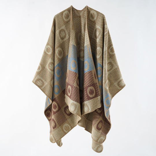 Damen Jacquard-Wickelponcho aus feinem Strick mit grafischem Kreis-Jacquard und offener Kimono-Silhouette Shop Nory