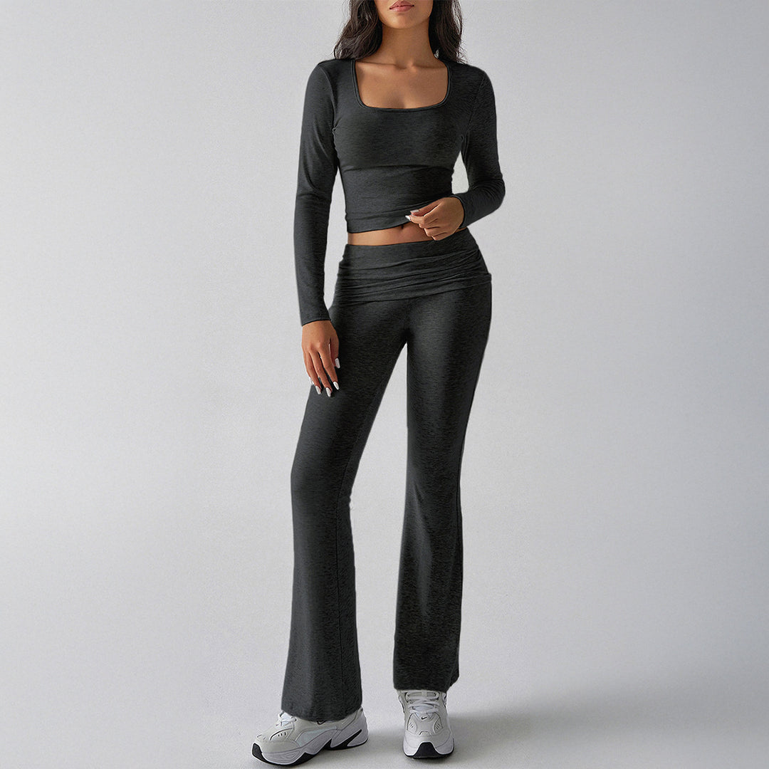 Damen nan figurbetontes Cropped-Set mit langärmeligem Top mit quadratischem Ausschnitt und ausgestellter High‑Waist Yoga-Hose Shop Nory