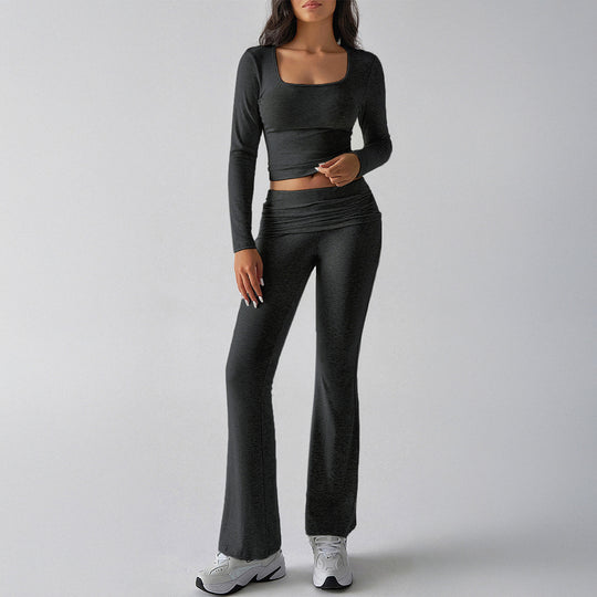 Damen nan figurbetontes Cropped-Set mit langärmeligem Top mit quadratischem Ausschnitt und ausgestellter High‑Waist Yoga-Hose Shop Nory