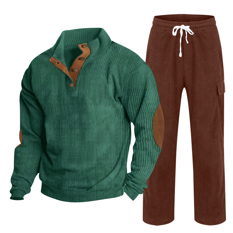 Herren Gemütliches Freizeit-Set aus Waffelstrick-Henley mit Ellenbogenpatch und Relax-Cargo-Hose Shop Nory