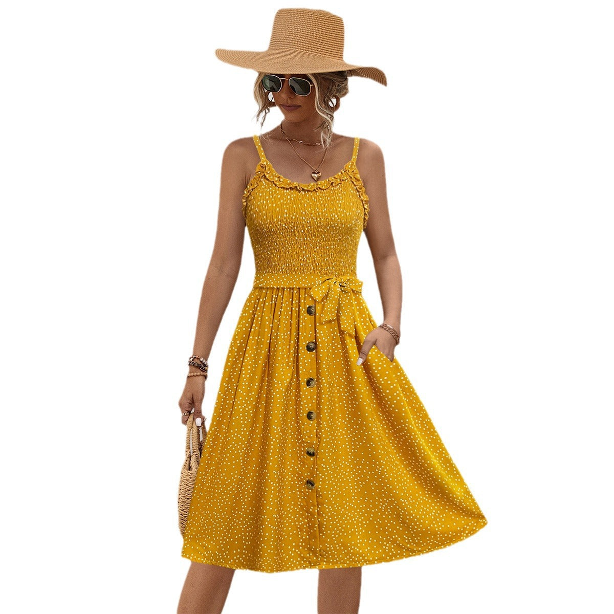 Damen Midi-Kleid mit schwingendem Rock und Rüschendetails