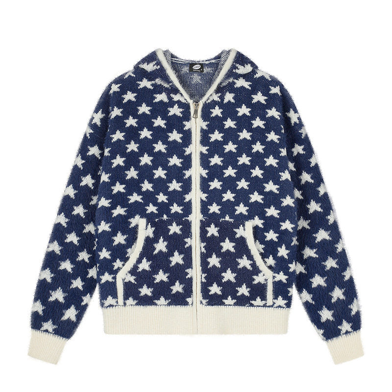 Damen Flauschige Strick-Zipjacke mit Allover-Sternmuster, Kängurutaschen und Rippbündchen Shop Nory