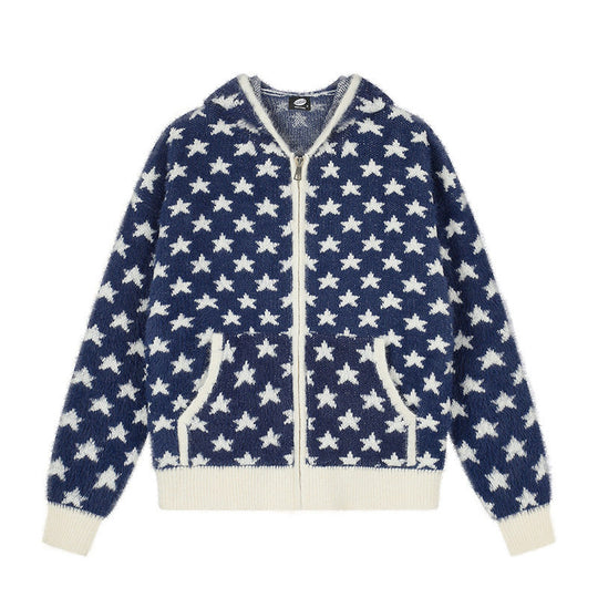 Damen Flauschige Strick-Zipjacke mit Allover-Sternmuster, Kängurutaschen und Rippbündchen Shop Nory