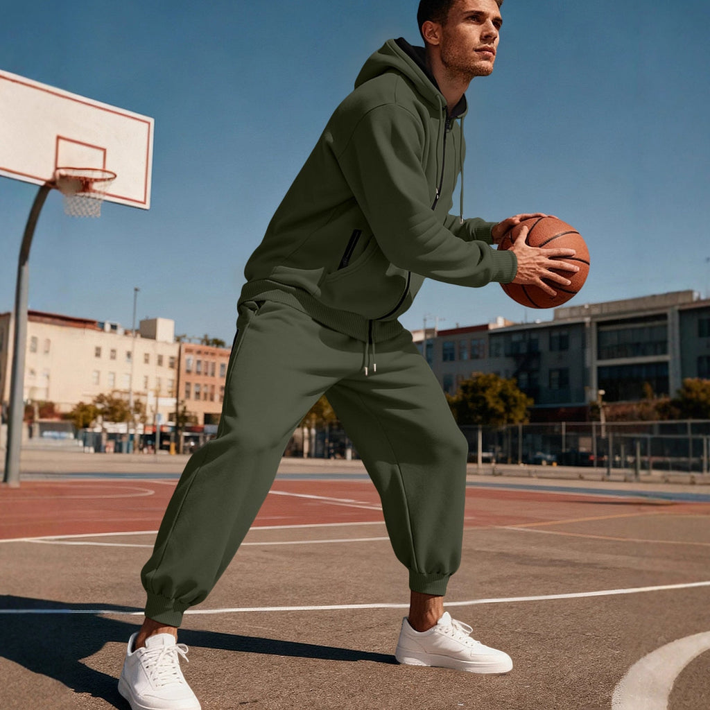 Herren nan Kapuzensweat-Set mit durchgehendem Reißverschluss, Kängurutasche und konischer Jogginghose mit Reißverschlusstaschen Shopnory