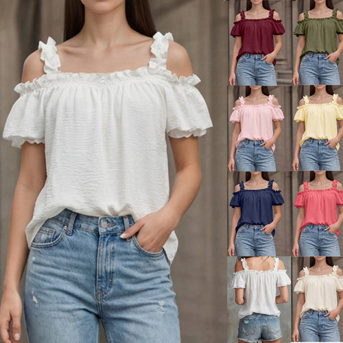 Damen Schulterfreies Crinkle-Top mit Smok-Bandeau, Rüschen‑Trägern und Flügelärmeln Shop Nory
