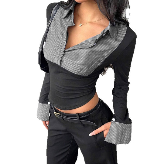 Damen Figurbetontes Langarmshirt mit Blusenkragen und gestreiften Manschetten Shop Nory