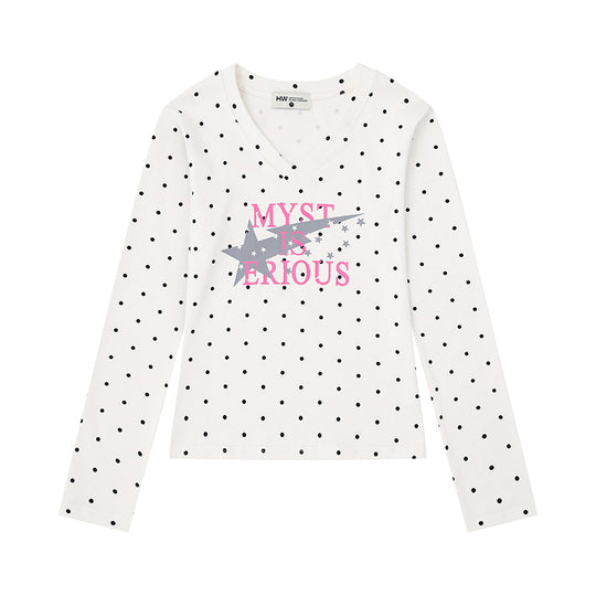 Damen Langarmshirt mit V-Ausschnitt, Polka-Dots und Statement-Print aus Baumwolljersey Shop Nory