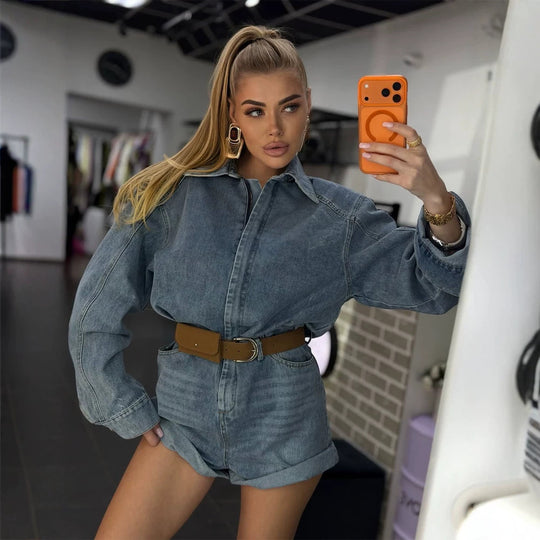 Damen Denim-Shorts-Overall mit kastigem Hemdoberteil und Taillengürtel Shop Nory
