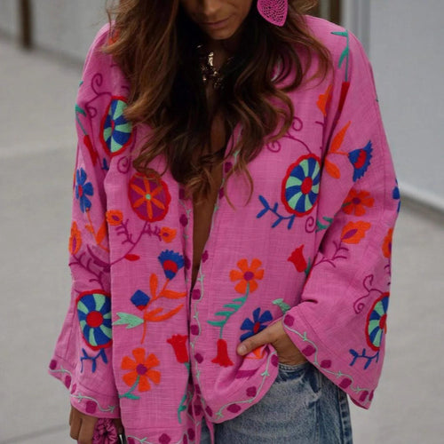 Damen Oversize Leichte Baumwoll-Cardiganjacke mit farbenfroher Blumenstickerei Shop Nory