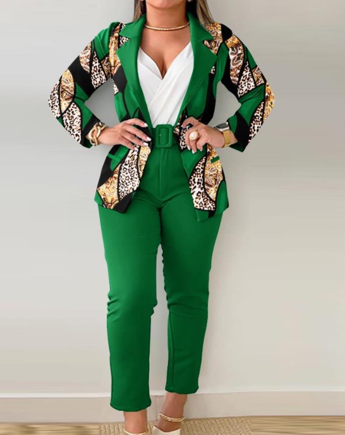 Damen Tailoring-Set mit Animal-Print-Revers, tailliertem Gürtelblazer und High‑Waist-Slimhose Shop Nory