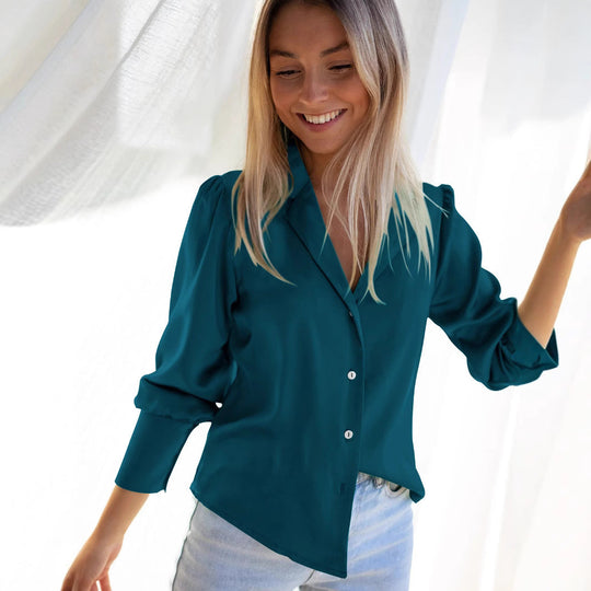 Damen Elegantes Satinhemd mit tiefem V-Ausschnitt und langen Ärmeln Shopnory