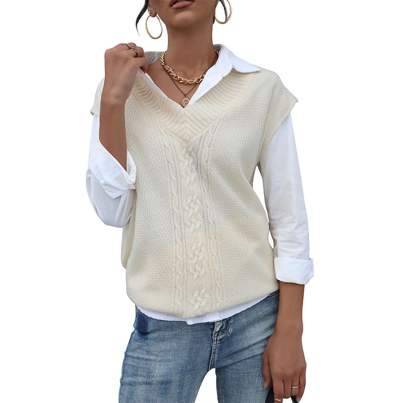 Damen Langer Strickpullunder mit Zopfmuster und V‑Ausschnitt Shop Nory