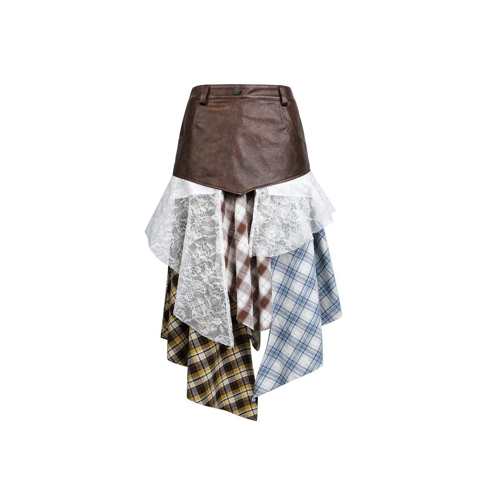 Damen Asymmetrischer Lagenrock mit Kunstlederbund und Karomix Shop Nory