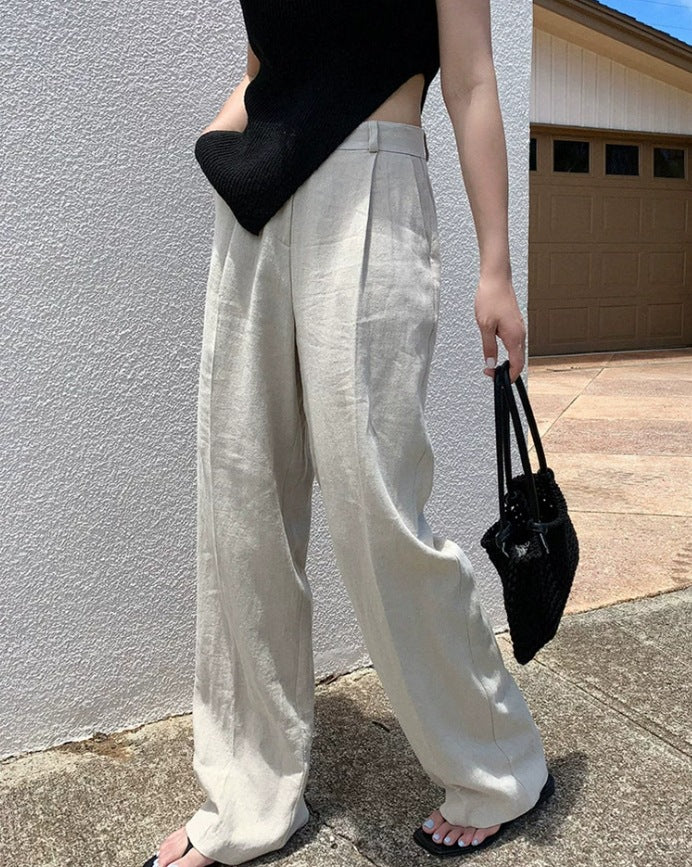 Damen Weite Leinenmix-Hose mit hoher Taille, Bügelfalte und Eingrifftaschen Shop Nory