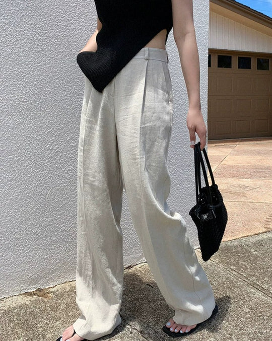 Damen Weite Leinenmix-Hose mit hoher Taille, Bügelfalte und Eingrifftaschen Shop Nory