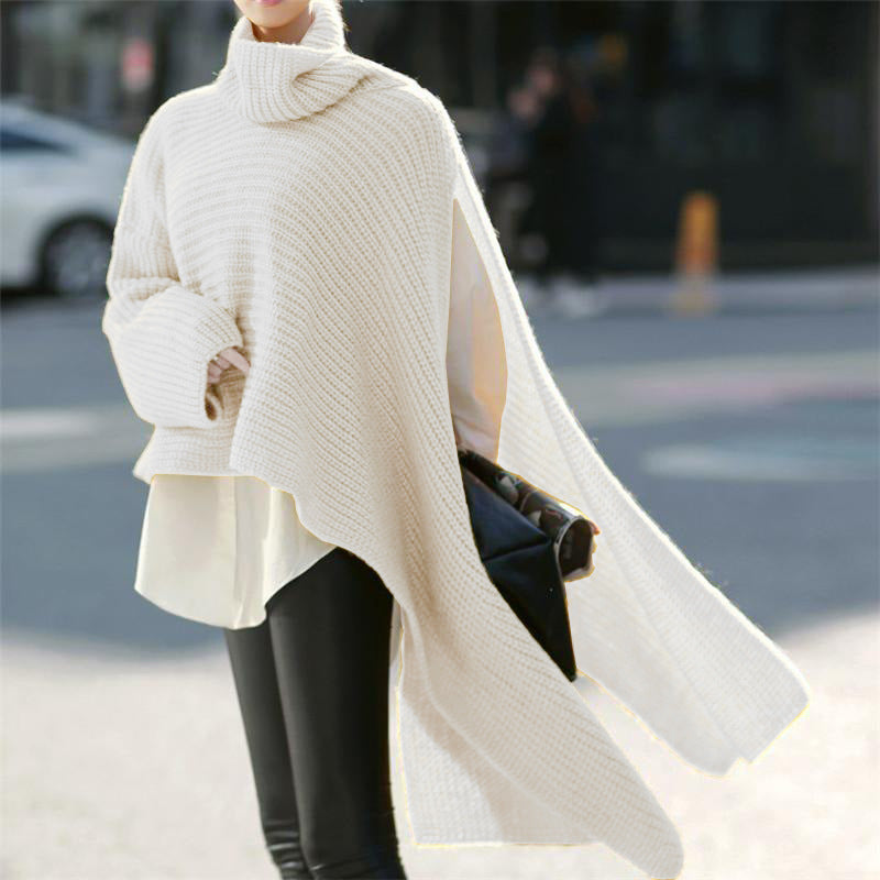 Damen Asymmetrischer Rollkragen-Poncho mit seitlichem Cape-Detail Shop Nory