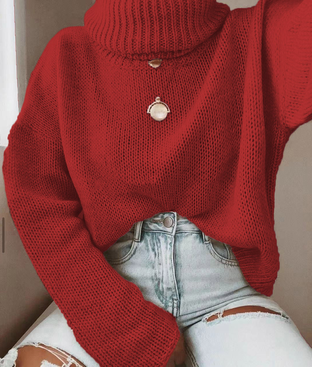 Damen Oversize Rollkragenpullover grobgestrickt mit weitem Schnitt Shop Nory