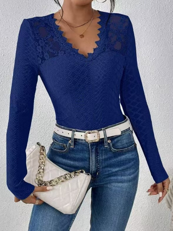 Damen nan figurbetontes Spitzen-Langarmshirt mit gezacktem V-Ausschnitt