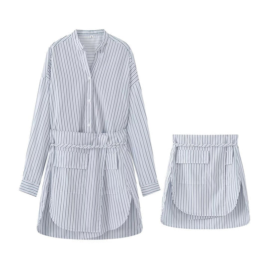 Damen Hemdblusenkleid mit Taillengürtel, Mandarin-Kragen und aufgesetzten Taschen Shop Nory