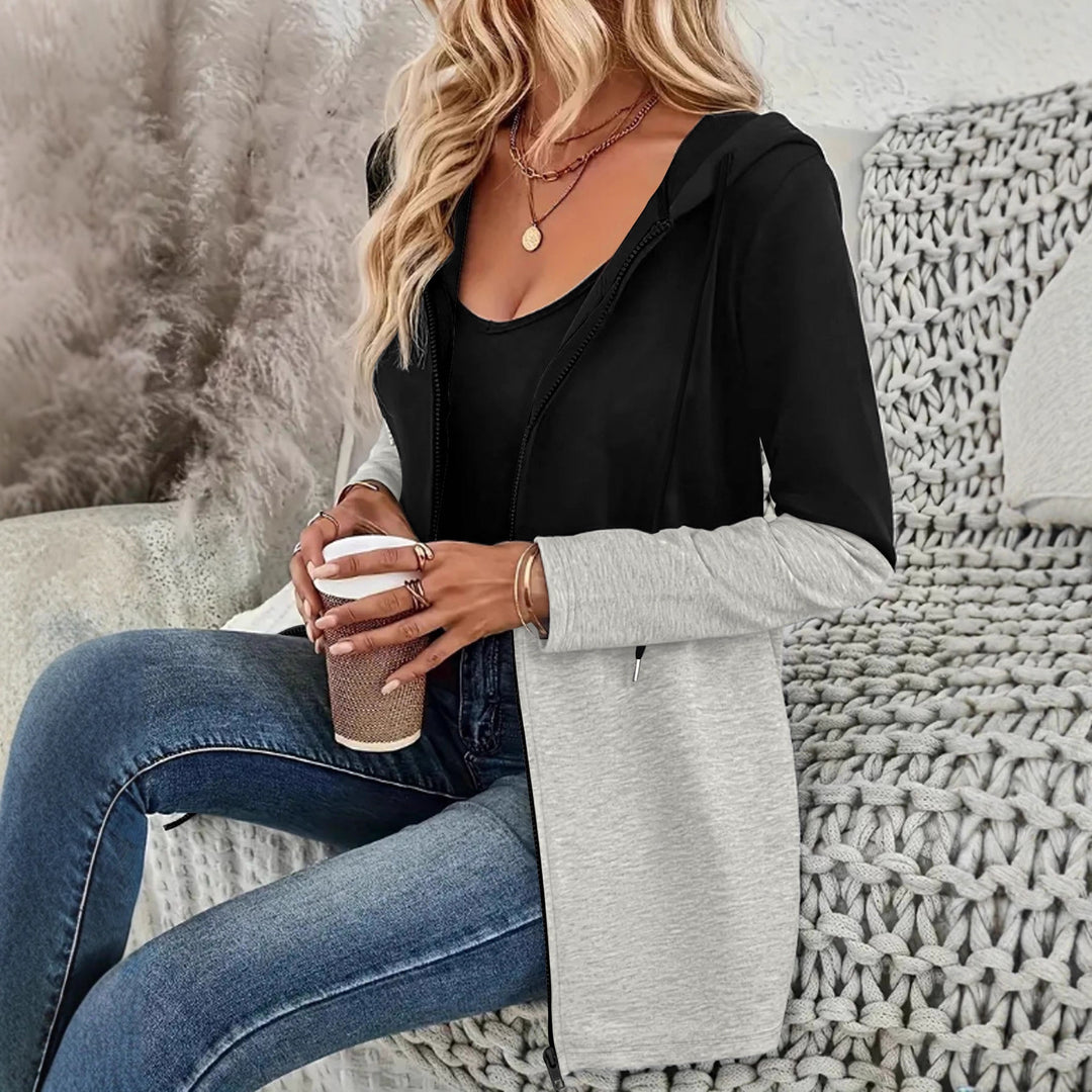 Damen Kapuzen-Sweatjacke mit Colorblock, Reißverschluss und lässiger Longline-Silhouette Shop Nory