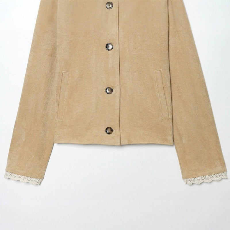 Damen Cropped-Veloursjacke mit Spitzkragen und Spitzenmanschetten Shop Nory