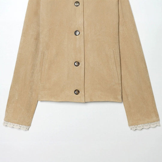 Damen Cropped-Veloursjacke mit Spitzkragen und Spitzenmanschetten Shop Nory