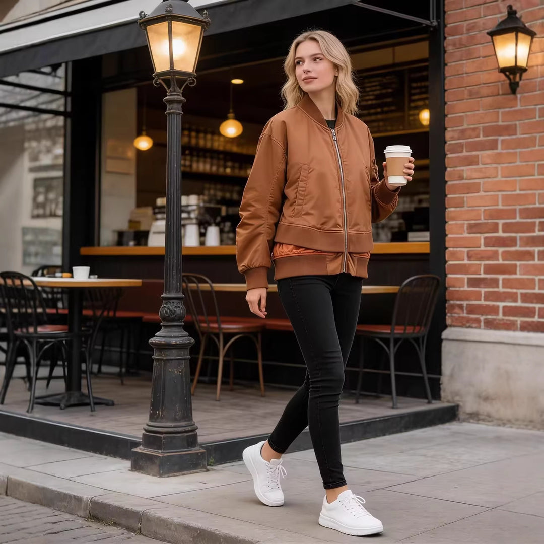 Damen Oversize-Bomberjacke mit wattierter Steppfütterung, Ärmel‑Reißverschlusstasche und breitem Rippbund Shop Nory