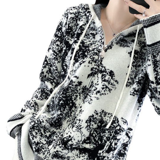Damen Oversize Jacquard-Strickjacke mit Kapuze und Reißverschluss Shop Nory